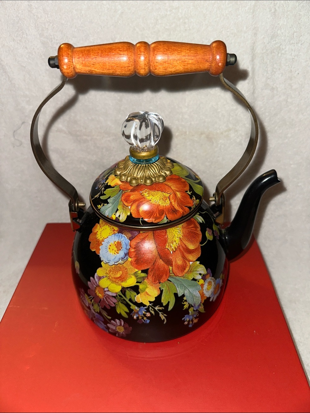 MacKenzie-Childs Floral Black Enamel Tea Kettle with Wooden Handle